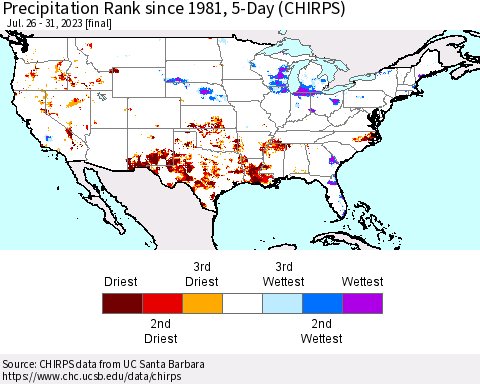United States Precipitation Rank since 1981, 5-Day (CHIRPS) Thematic Map For 7/26/2023 - 7/31/2023