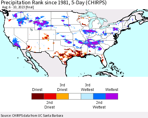 United States Precipitation Rank since 1981, 5-Day (CHIRPS) Thematic Map For 8/6/2023 - 8/10/2023