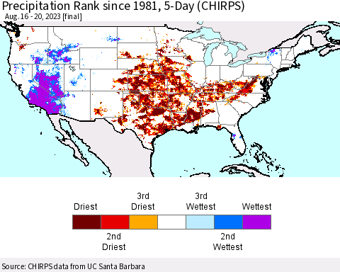 United States Precipitation Rank since 1981, 5-Day (CHIRPS) Thematic Map For 8/16/2023 - 8/20/2023