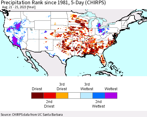 United States Precipitation Rank since 1981, 5-Day (CHIRPS) Thematic Map For 8/21/2023 - 8/25/2023