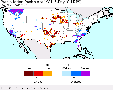 United States Precipitation Rank since 1981, 5-Day (CHIRPS) Thematic Map For 8/26/2023 - 8/31/2023