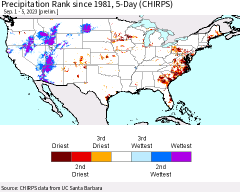 United States Precipitation Rank since 1981, 5-Day (CHIRPS) Thematic Map For 9/1/2023 - 9/5/2023