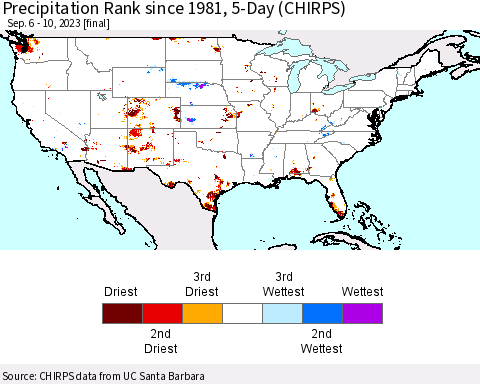 United States Precipitation Rank since 1981, 5-Day (CHIRPS) Thematic Map For 9/6/2023 - 9/10/2023