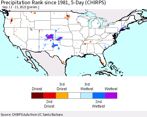 United States Precipitation Rank since 1981, 5-Day (CHIRPS) Thematic Map For 9/11/2023 - 9/15/2023