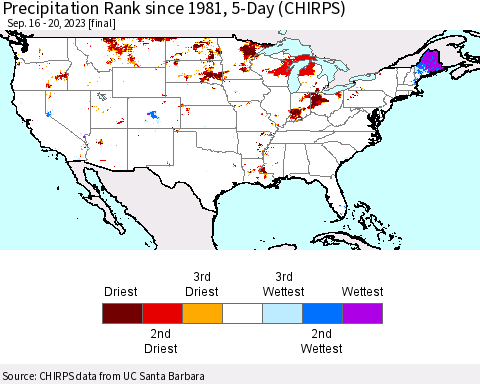 United States Precipitation Rank since 1981, 5-Day (CHIRPS) Thematic Map For 9/16/2023 - 9/20/2023