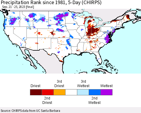 United States Precipitation Rank since 1981, 5-Day (CHIRPS) Thematic Map For 9/21/2023 - 9/25/2023