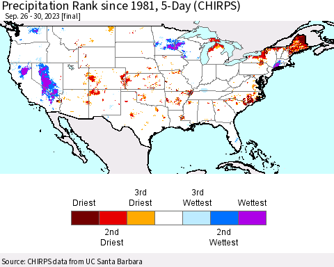 United States Precipitation Rank since 1981, 5-Day (CHIRPS) Thematic Map For 9/26/2023 - 9/30/2023