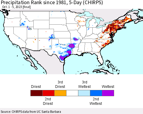United States Precipitation Rank since 1981, 5-Day (CHIRPS) Thematic Map For 10/1/2023 - 10/5/2023