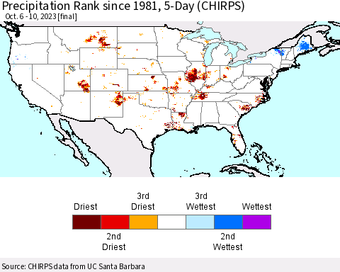 United States Precipitation Rank since 1981, 5-Day (CHIRPS) Thematic Map For 10/6/2023 - 10/10/2023