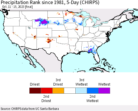United States Precipitation Rank since 1981, 5-Day (CHIRPS) Thematic Map For 10/11/2023 - 10/15/2023
