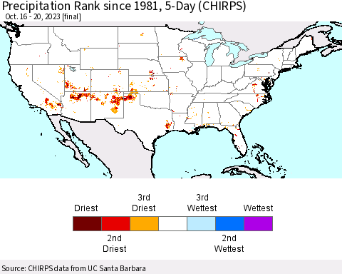 United States Precipitation Rank since 1981, 5-Day (CHIRPS) Thematic Map For 10/16/2023 - 10/20/2023