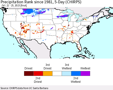 United States Precipitation Rank since 1981, 5-Day (CHIRPS) Thematic Map For 10/21/2023 - 10/25/2023