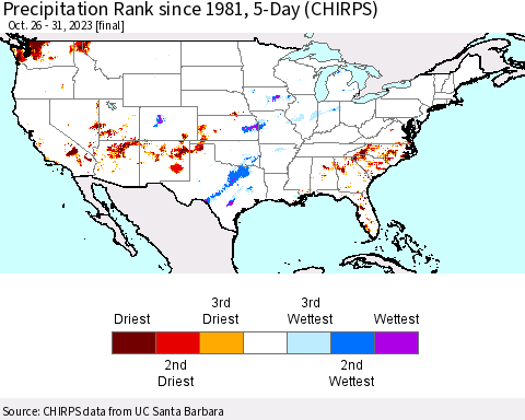 United States Precipitation Rank since 1981, 5-Day (CHIRPS) Thematic Map For 10/26/2023 - 10/31/2023