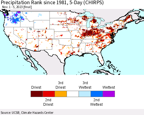 United States Precipitation Rank since 1981, 5-Day (CHIRPS) Thematic Map For 11/1/2023 - 11/5/2023
