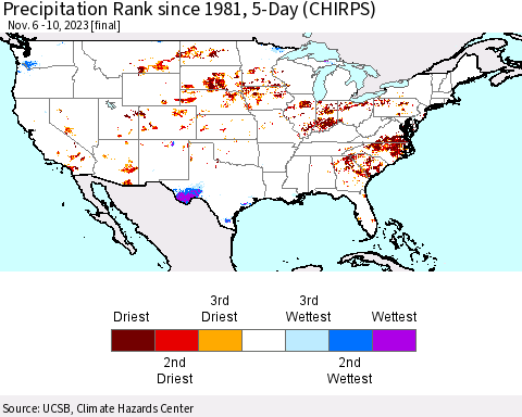 United States Precipitation Rank since 1981, 5-Day (CHIRPS) Thematic Map For 11/6/2023 - 11/10/2023