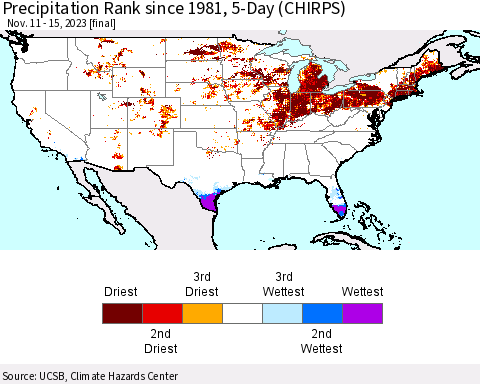 United States Precipitation Rank since 1981, 5-Day (CHIRPS) Thematic Map For 11/11/2023 - 11/15/2023