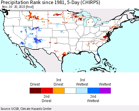 United States Precipitation Rank since 1981, 5-Day (CHIRPS) Thematic Map For 11/16/2023 - 11/20/2023