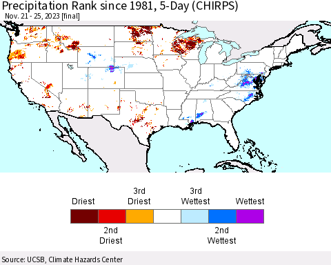 United States Precipitation Rank since 1981, 5-Day (CHIRPS) Thematic Map For 11/21/2023 - 11/25/2023