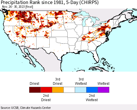 United States Precipitation Rank since 1981, 5-Day (CHIRPS) Thematic Map For 11/26/2023 - 11/30/2023
