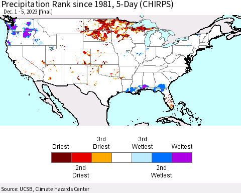 United States Precipitation Rank since 1981, 5-Day (CHIRPS) Thematic Map For 12/1/2023 - 12/5/2023