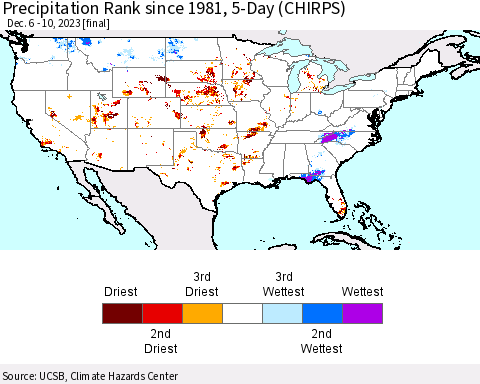 United States Precipitation Rank since 1981, 5-Day (CHIRPS) Thematic Map For 12/6/2023 - 12/10/2023
