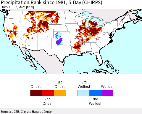 United States Precipitation Rank since 1981, 5-Day (CHIRPS) Thematic Map For 12/11/2023 - 12/15/2023