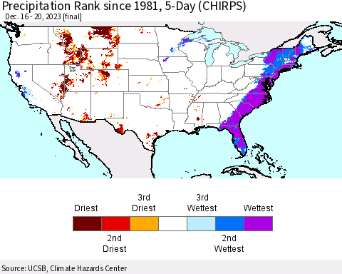 United States Precipitation Rank since 1981, 5-Day (CHIRPS) Thematic Map For 12/16/2023 - 12/20/2023