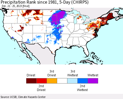 United States Precipitation Rank since 1981, 5-Day (CHIRPS) Thematic Map For 12/21/2023 - 12/25/2023