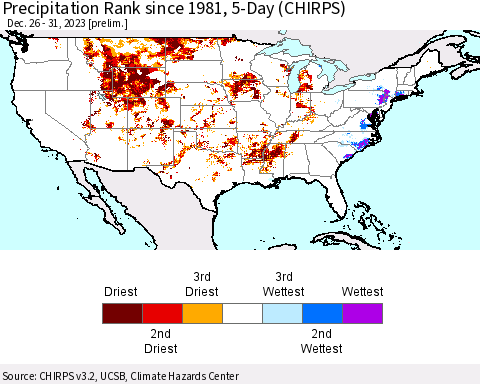 United States Precipitation Rank since 1981, 5-Day (CHIRPS) Thematic Map For 12/26/2023 - 12/31/2023