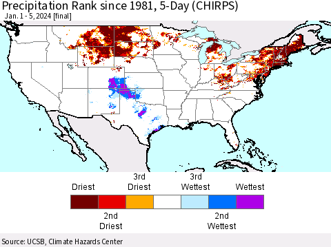 United States Precipitation Rank since 1981, 5-Day (CHIRPS) Thematic Map For 1/1/2024 - 1/5/2024