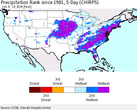 United States Precipitation Rank since 1981, 5-Day (CHIRPS) Thematic Map For 1/6/2024 - 1/10/2024