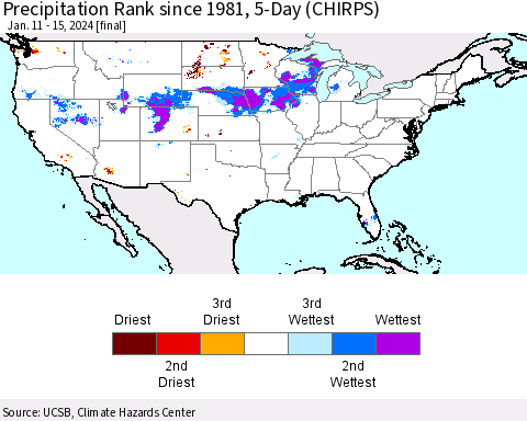 United States Precipitation Rank since 1981, 5-Day (CHIRPS) Thematic Map For 1/11/2024 - 1/15/2024