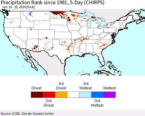 United States Precipitation Rank since 1981, 5-Day (CHIRPS) Thematic Map For 1/16/2024 - 1/20/2024