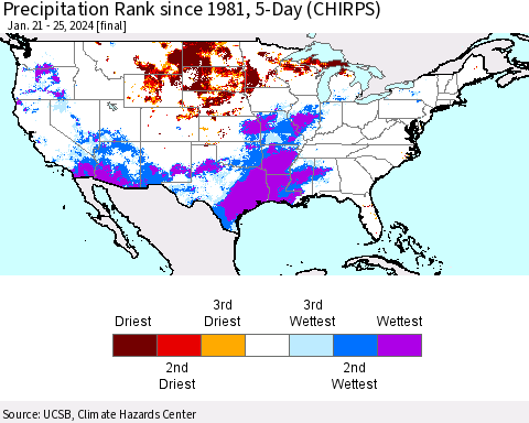 United States Precipitation Rank since 1981, 5-Day (CHIRPS) Thematic Map For 1/21/2024 - 1/25/2024