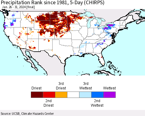 United States Precipitation Rank since 1981, 5-Day (CHIRPS) Thematic Map For 1/26/2024 - 1/31/2024