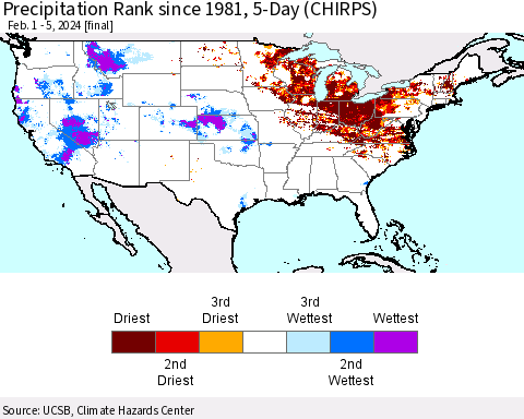 United States Precipitation Rank since 1981, 5-Day (CHIRPS) Thematic Map For 2/1/2024 - 2/5/2024