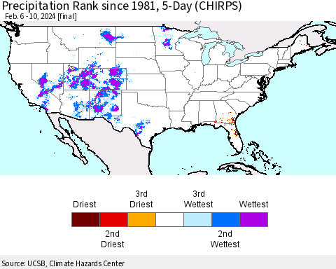 United States Precipitation Rank since 1981, 5-Day (CHIRPS) Thematic Map For 2/6/2024 - 2/10/2024