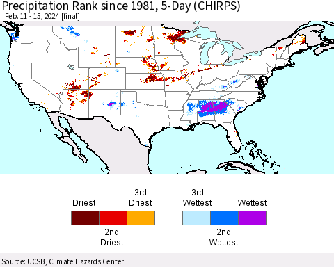 United States Precipitation Rank since 1981, 5-Day (CHIRPS) Thematic Map For 2/11/2024 - 2/15/2024