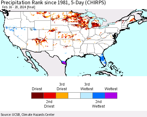 United States Precipitation Rank since 1981, 5-Day (CHIRPS) Thematic Map For 2/16/2024 - 2/20/2024