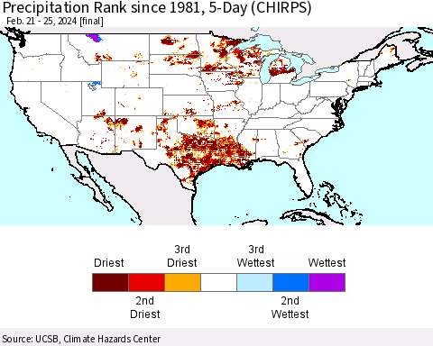 United States Precipitation Rank since 1981, 5-Day (CHIRPS) Thematic Map For 2/21/2024 - 2/25/2024