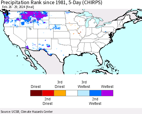 United States Precipitation Rank since 1981, 5-Day (CHIRPS) Thematic Map For 2/26/2024 - 2/29/2024