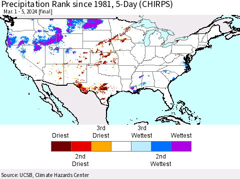 United States Precipitation Rank since 1981, 5-Day (CHIRPS) Thematic Map For 3/1/2024 - 3/5/2024