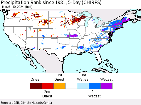United States Precipitation Rank since 1981, 5-Day (CHIRPS) Thematic Map For 3/6/2024 - 3/10/2024