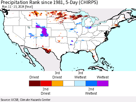 United States Precipitation Rank since 1981, 5-Day (CHIRPS) Thematic Map For 3/11/2024 - 3/15/2024