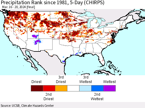 United States Precipitation Rank since 1981, 5-Day (CHIRPS) Thematic Map For 3/16/2024 - 3/20/2024