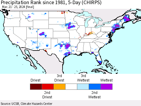 United States Precipitation Rank since 1981, 5-Day (CHIRPS) Thematic Map For 3/21/2024 - 3/25/2024