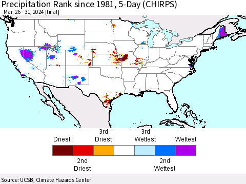United States Precipitation Rank since 1981, 5-Day (CHIRPS) Thematic Map For 3/26/2024 - 3/31/2024