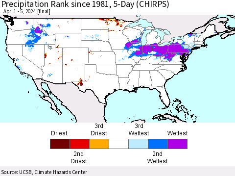 United States Precipitation Rank since 1981, 5-Day (CHIRPS) Thematic Map For 4/1/2024 - 4/5/2024