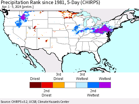 United States Precipitation Rank since 1981, 5-Day (CHIRPS) Thematic Map For 4/1/2024 - 4/5/2024