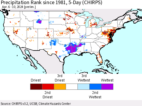 United States Precipitation Rank since 1981, 5-Day (CHIRPS) Thematic Map For 4/6/2024 - 4/10/2024